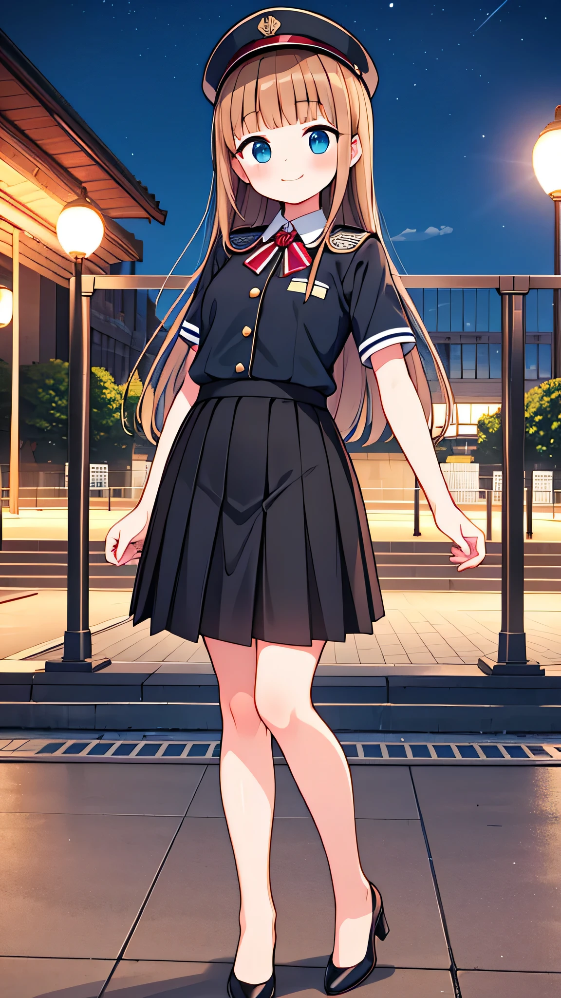 {Highest quality], [Super beautiful], [Ultra fine], [Best illustration], NSFW,Brown Hair, Hime cut,Long Hair, With bangs, girl, Uniform cap,Security uniform, smile, blush, Slender women,Short sleeve,Long straight skirt, Adult women,Strike a Pose,(Public）Night Park, diagonal,Bare feet and pumps, Plain black pumps
