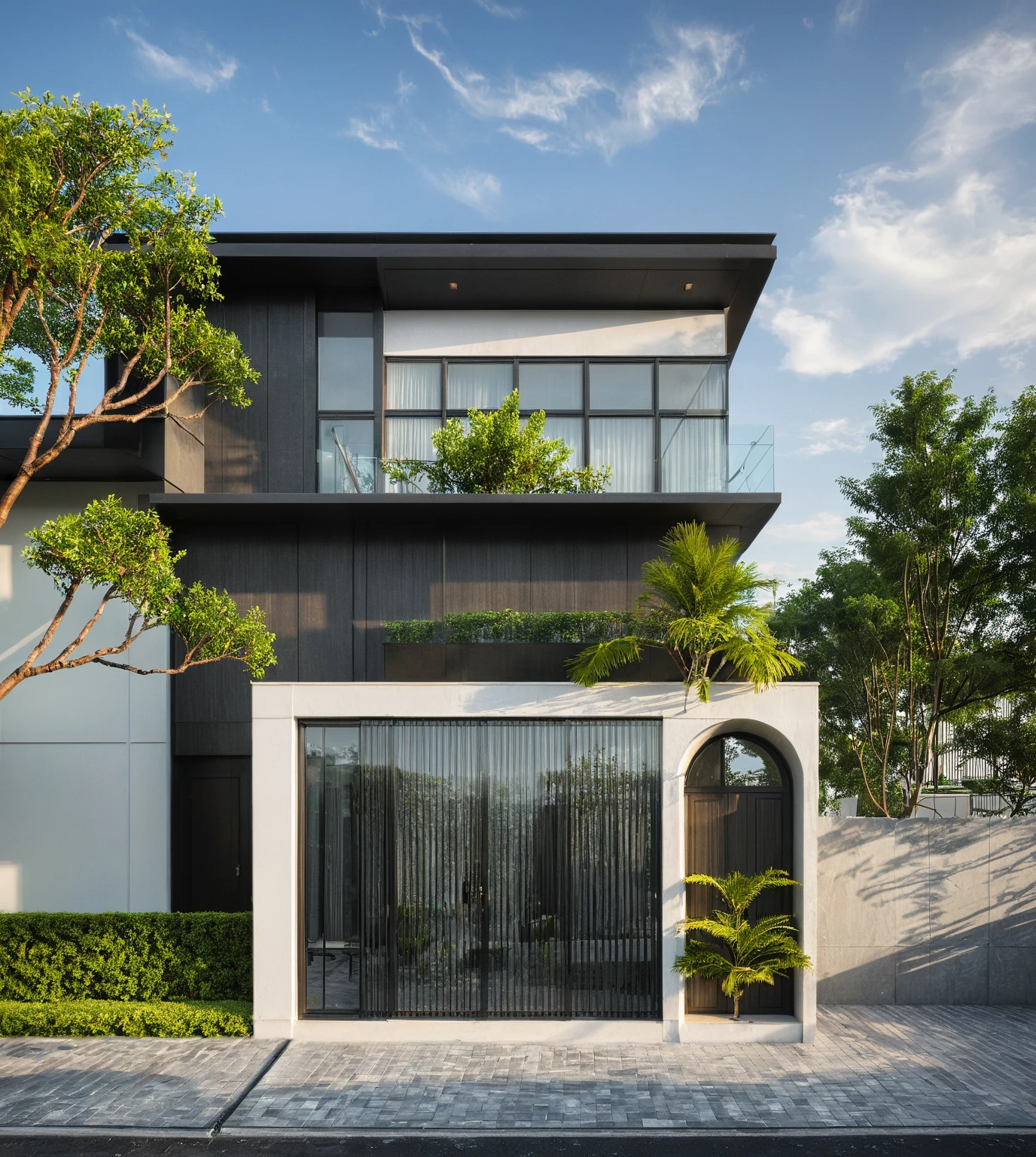 modern villa on street, (daylight), tropical tree, (slope roof, black tiled roof:1.2), vivid color, streetcapes, nice sky, grey tone, large glass door, warm interior lighting, modern material, best quality, ultra realistic, masterpiece, 17ArchiAI_XL_VL-v1