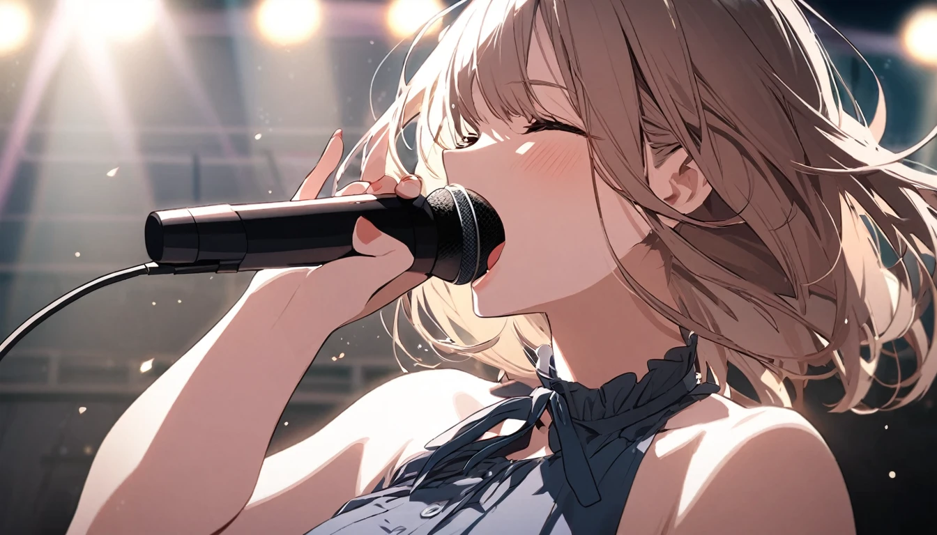 Woman singing into a microphone on stage