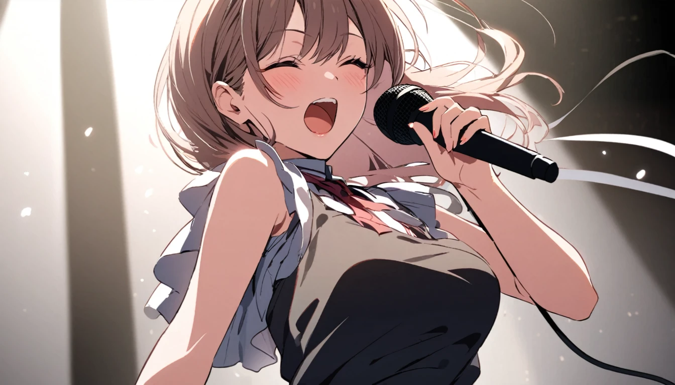 (superflat, flat shading, flat colors), masterpiece, best quality, 1girl, take off t-shirt, (naked breast), white panties, upskirt, singing loud, eyes closed, emotional, sweaty, karaoke, microphone, best shadows, watercolor