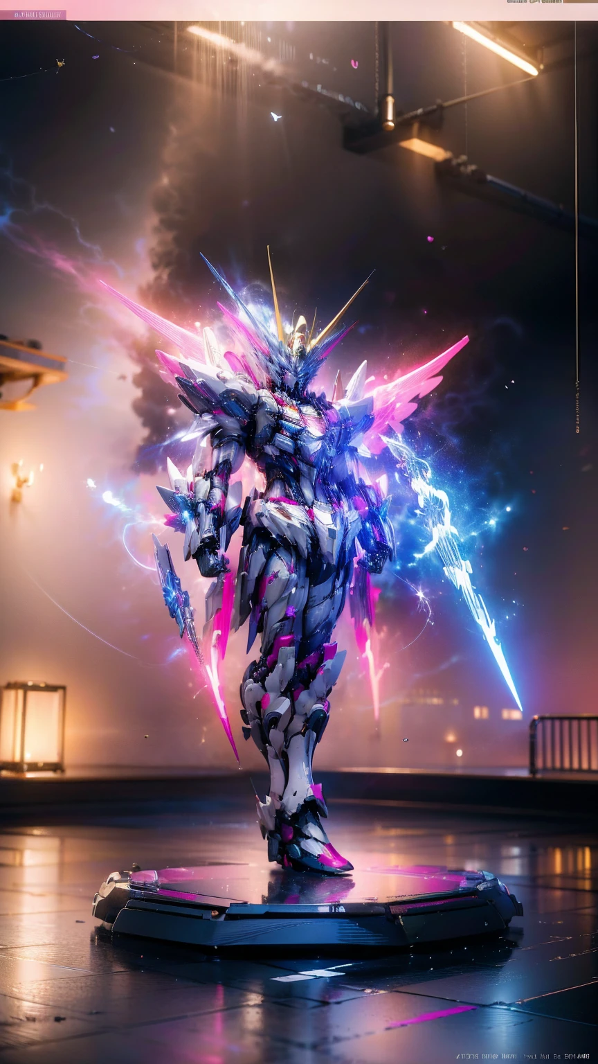 Real、high resolution、8K、The Strike Freedom Gundam stands in space emitting pink light particles.、Particles of light surround the aircraft、Facing the camera、