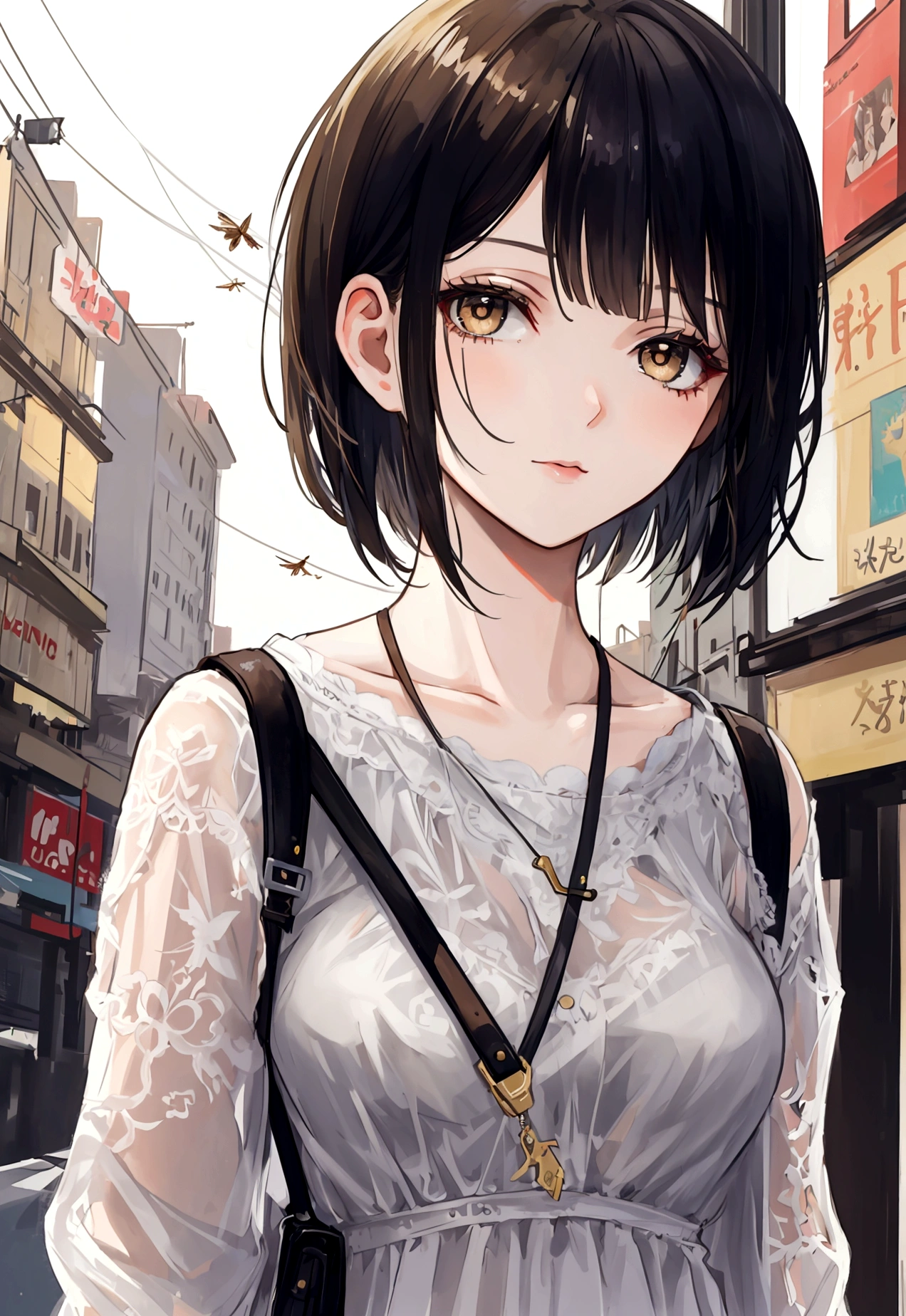 cinematic realistic portrait of a young girl, adolescent, caucasiana, fly away, casual modern clothing, alternative style, dolce, nice, Beautiful woman, short hair with bangs, honey eyes