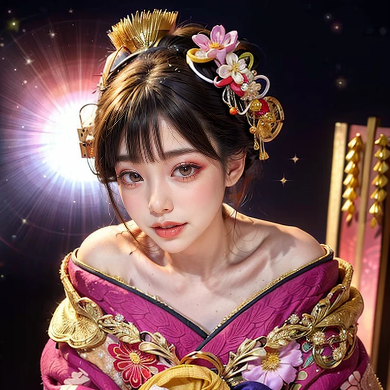 (PUNIPUNI clavicle KIMONO ((offshoulder)) KANZASHI FlowerHairpins Topknot TwinBun Oiran-Hair)High-level, 8K Masterpiece TopQuality, Ultra-detailed CG, Absurd detailed wallpaper, PerfectLighting, Extremely detailed (((Personifying " OIRAN " as a KAWAII Girl))), Characteristic Items, aesthetic LifeLike Rendering, MysticSight, Haze Tyndall Scattering, (Studio DARK Background with (Oodles Dazzling Iridescent 🌈Particles (BokeH))), (((Assfocus)) RoundlyButt) ThighGap, (Exposed:0.44) 🔞 BREAK (Acutance:0.8), (NOGIZAKA FaceVariations) Extremely Detailed very KAWAII FaceVariations, Childish CaptivatingGaze ElaboratePupils ParfectEyes with (SparklingHighlights:1.28), (Voluminous LongEyelashes:0.88), 💄💋✨ GlossyRedLips with BeautifulDetails, CoquettishTongue, PUNIPUNI RosyCheeks, Radiant PearlSkin with Transparency, Glowing DowneyHair . { (Dynamic LifeLike expressions:1.4) | (:d) }, (large eyes:-1) .