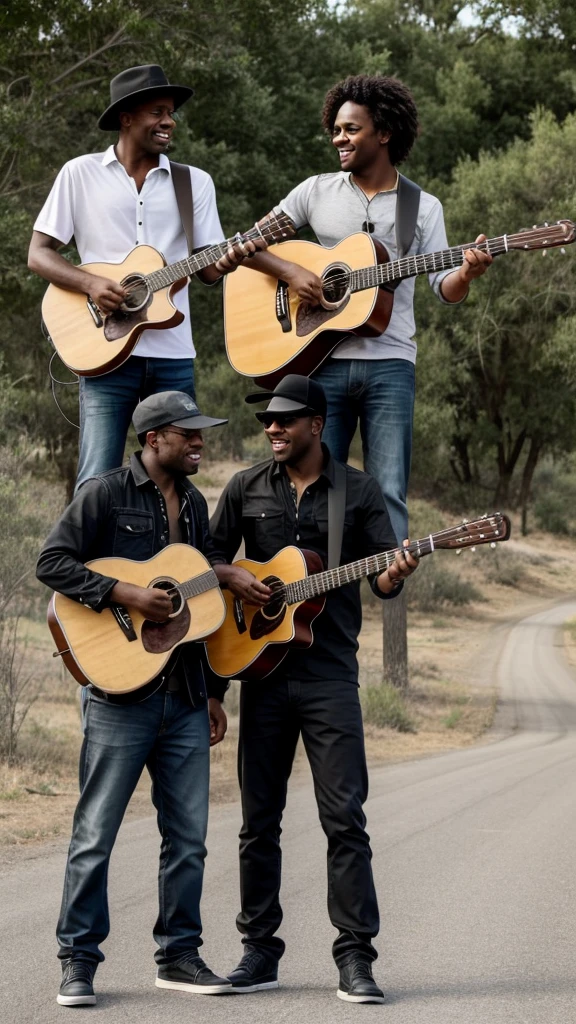 Two black men, one of them with your guitar, at dusty crossroad talking