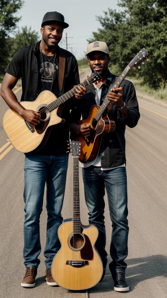 Two black men, one of them with your guitar, at dusty crossroad talking