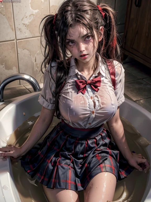 (masterpiece, best quality:1.2), zombie a girl in the bathtub, school girls , sad zombie , looking at viewer, jk school girls outfit, tight shirt , wet clothes, soaked, wet hair, wet skin, translucent, glistening with oil , dishevelled , skirt dark red , plaid skirt , pleated skirt , Tight shirt , white Shirt , school girl , red knot , red bow , school , skirt is adjacent to the chest , , big tits , ls hair , zombie face