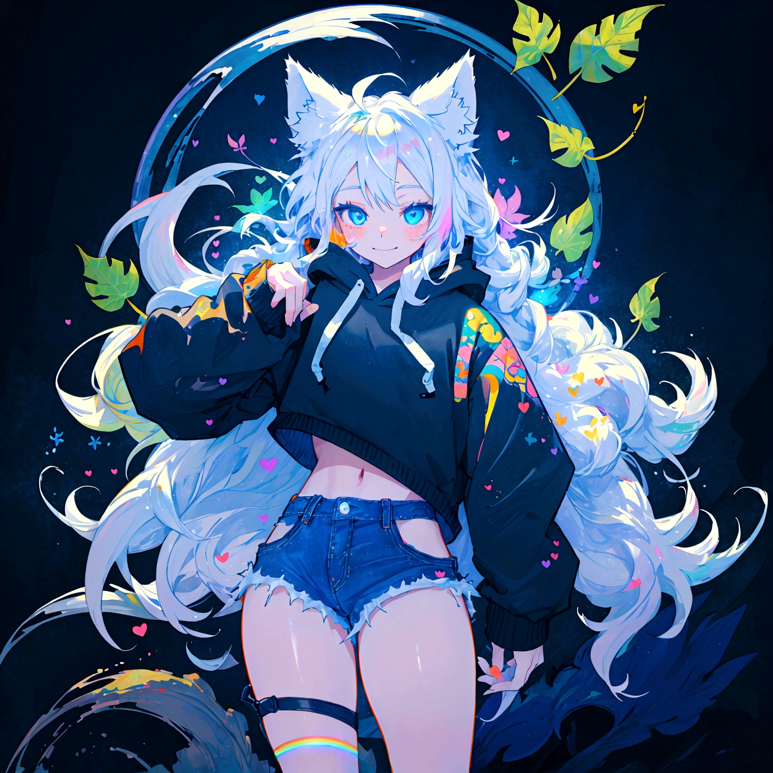 a cute adult male with wolf ears, long white hair, long locks, has a wolf tail, wearing a loose cropped black hoodie, wearing a pair of denim short shorts and fishnet stockings, thick thighs, wide hips, short, very slim, showing slender tummy, heart on hoodie, squishy thighs, has glowing blue eyes. alone, solo (ALONE)(SOLO), surrounded by rainbows, colorful galaxy backround, smiling, ontop of a pile of fluffy plushes, plushies everywhere, kawaii plushies, surrounded by bubbles, surrounded by rainbow leaves, standing up dancing