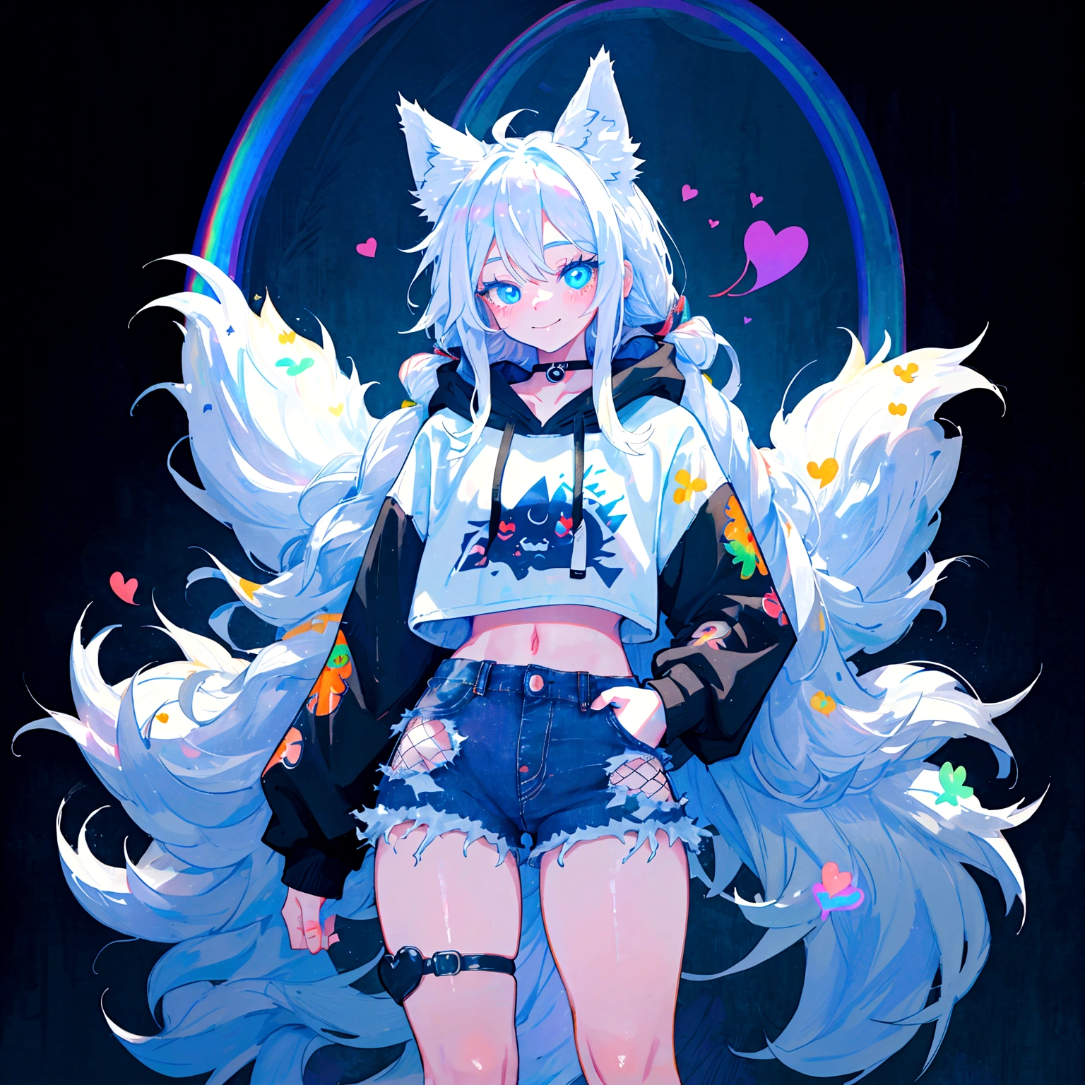 a cute adult male with wolf ears, long white hair, long locks, has a wolf tail, wearing a loose cropped black hoodie, wearing a pair of denim short shorts and fishnet stockings, thick thighs, wide hips, short, very slim, showing slender tummy, heart on hoodie, squishy thighs, has glowing blue eyes. alone, solo (ALONE)(SOLO), surrounded by rainbows, colorful galaxy backround, smiling, ontop of a pile of fluffy plushes, plushies everywhere, kawaii plushies, surrounded by bubbles, surrounded by rainbow leaves, standing up dancing