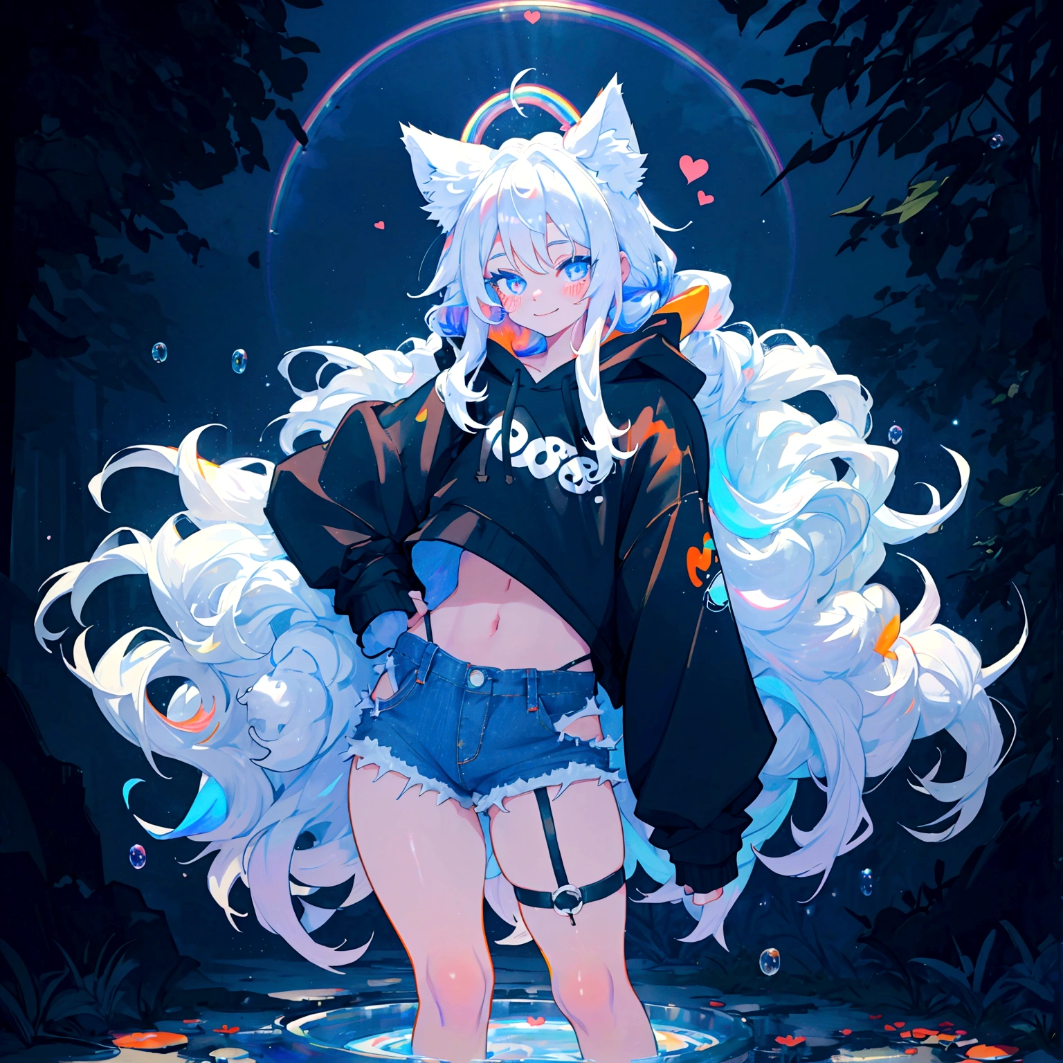 a cute adult male with wolf ears, long white hair, long locks, has a wolf tail, wearing a loose cropped black hoodie, wearing a pair of denim short shorts and fishnet stockings, thick thighs, wide hips, short, very slim, showing slender tummy, heart on hoodie, squishy thighs, has glowing blue eyes. alone, solo (ALONE)(SOLO), surrounded by rainbows, colorful galaxy backround, smiling, ontop of a pile of fluffy plushes, plushies everywhere, kawaii plushies, surrounded by bubbles, surrounded by rainbow leaves, standing up dancing