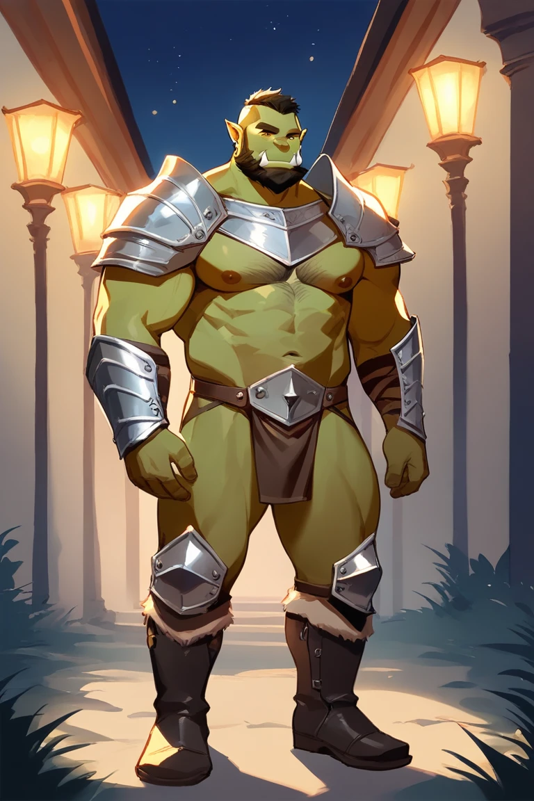 score_9, score_8_up, score_7_up, solo, male focus, mature male, orc, green skin, tusks, beard, outdoors, (micro armor) , shoulder armor, breastplate, upper body, closed mouth, pauldrons, night, night sky, standing , boots , shirtless , (black g-string) , full body , black boots , laying spread legs , His body was wet with cum