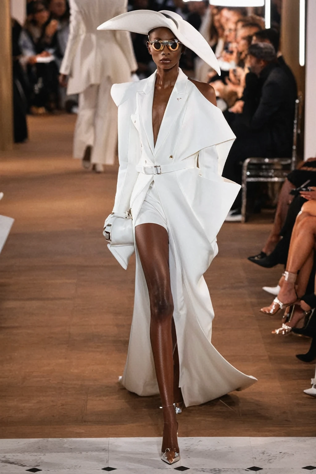 Wearing a white dress、Araffe wearing a hat walks on the catwalk, in a flowing white tailcoat, Aduaqi, Maria Borges, Asymmetry, Wearing a futuristic white suit, '20, 2019, 2 0 1 9, Smooth white, Stunning images, White clothing, high class boutique, 2020 fashion