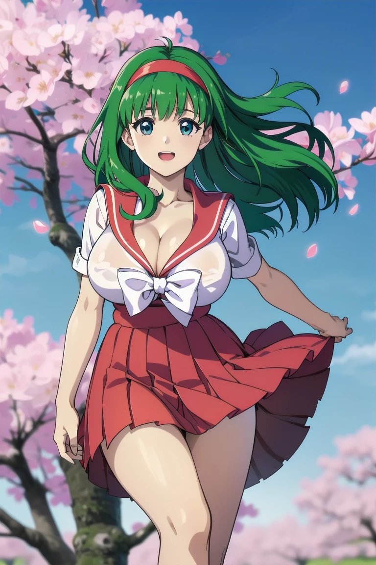 (Very exquisite beautiful face and eyes:1.2),(Laugh together),((Large Breasts))、Skirt fluttering in the wind、Fresh Skin、Beautiful feet,Sailor suit、,Green Hair、white headband、cherry blossoms、(((Cleavage、Areola、)))
(Highest quality,masterpiece:1.2),1 Girl,Observe the audience,
Natural light,Hair blowing in the wind,Beautifully detailed skies,