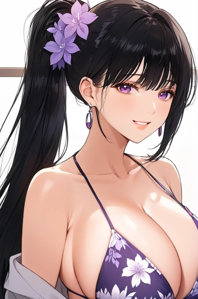(best quality:1.4), (ultra highres:1.2), (8k, RAW photo:1.2), manhwa-artstyle, 1girl, solo, long hair, looking at viewer, smile, black hair, bare shoulders, purple eyes, upper body, floral bikini, Perfect Hands, ponytail, hoops earrings,floral garment ,flower earrings,floral bracelet and floral headbands,big breasts
