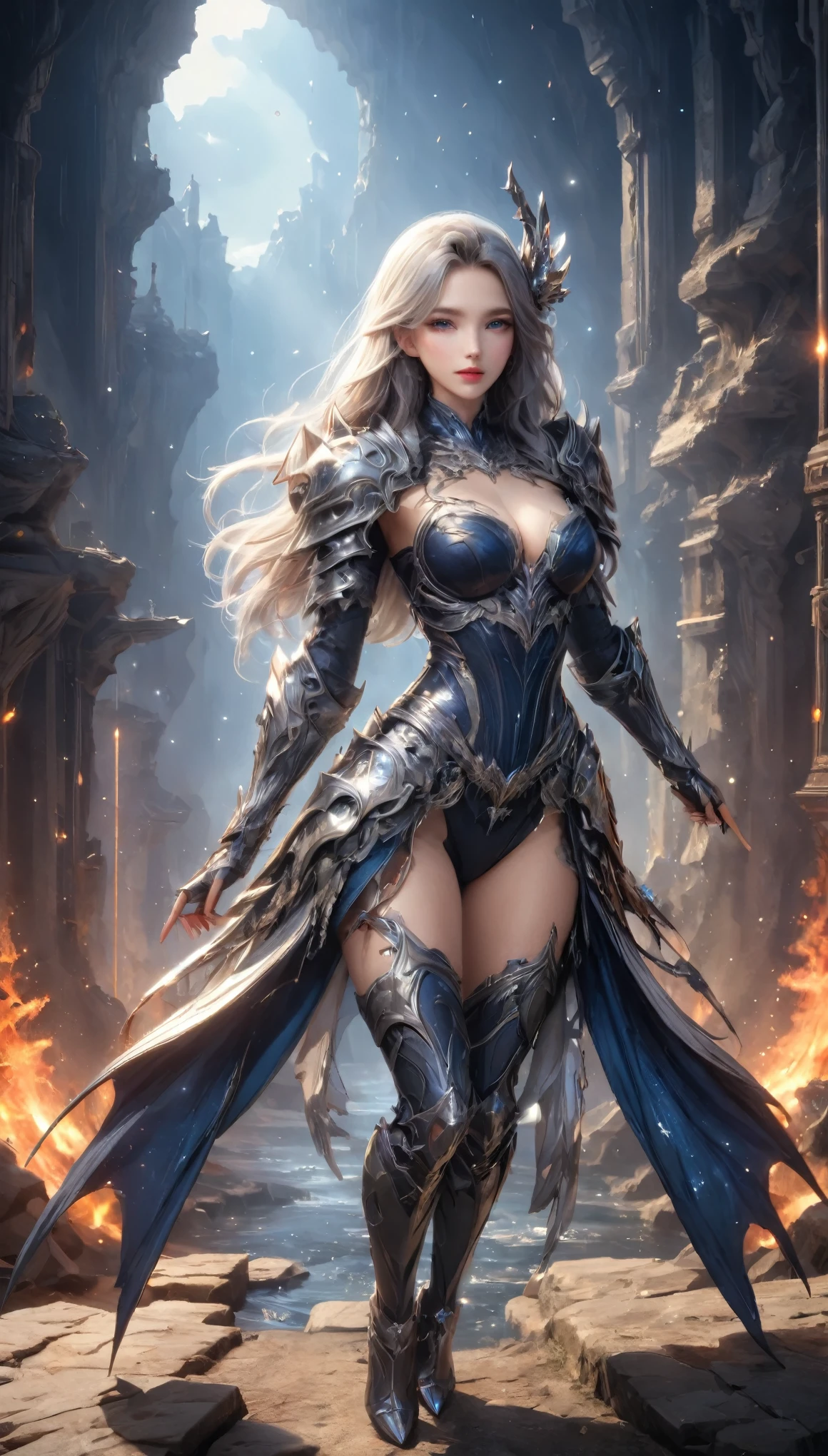 8K resolution, masterpiece, Highest quality, Award-winning works, unrealistic, From above, erotic, sole sexy lady, healthy shaped body, 22 years old, dark knight, 165cm tall, huge firm bouncing busts,, white silver long wavy hair, Detailed facial depictions, Break, Mysterious blue eyes, Standard nose, Eyeliner, pink lips, sexy long legs, Clear skin, knight, A holy sword that emits seven-colored light, Gothic armor, Complex structure of armor, Seven-colored colorful armor, Clothed in flames, Phoenix Crest, elegant, Very detailed, Delicate depiction of hair, miniature painting, Digital Painting, artステーション, コンセプトart, Smooth, Sharp focus, shape, artジャム、Greg Rutkowski、Alphonse Mucha、William Adolphe Bouguereau、art:Stephanie Law , Royal Jewel, nature, Symmetric, Greg Rutkowski, Charlie Bowwater, Unreal, Surreal, Dynamic Lighting, ファンタジーart, Complex colors, Colorful magic circle, flash, dynamic sexy poses, A kind smile, Mysterious Background, Aura, A gentle gaze, BREAK, Small faint lights and flying fireflies, night, lanthanum, 山の頂From above下界を見下ろす, Starry Sky, milky way, nebula, shooting star,, (Back view, Looking back towards the camera:1.3),