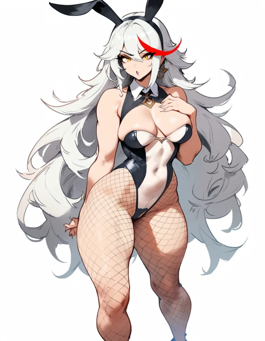 1girl, aegir \(azur lane\), azur lane \\\\\ masterpiece, best quality, very aesthetic, absurdres, newest \\\\\\ sportive body, \\\\\\ by nyantcha,,by cutesexyrobutts,by khyle ///// white hair with a single prominent red streak, black horns, yellow eyes, \\\\\\ bunnysuit without bunny ears,white background,standing, fishnet pantyhose, concept art