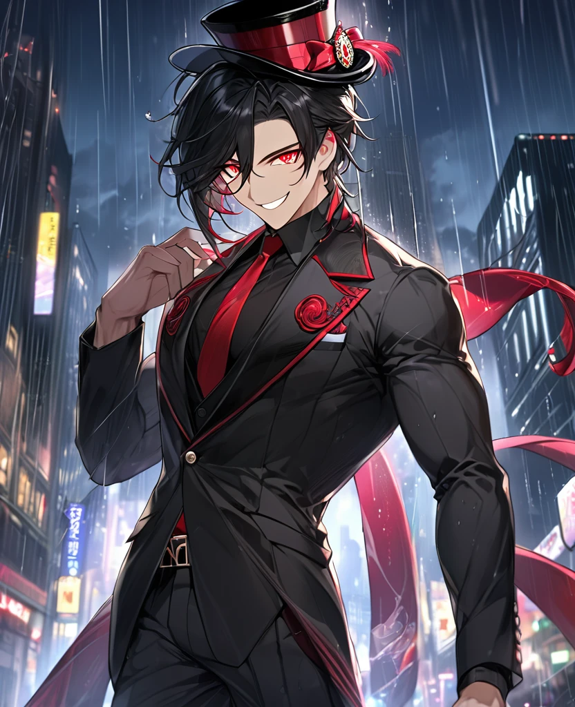  (black_hair), (Ruby_eyes), (detailed_eyes), (crazy_smile), (attractive), (night_city_background), (raining), (glowing_eyes), (male), (wearing _a_black_suit), (long_male_hair), (detailed_Hair), (detailed), (detailed_mouth), (manly_physique), wears a black top hat with a red ribbon edged trim,