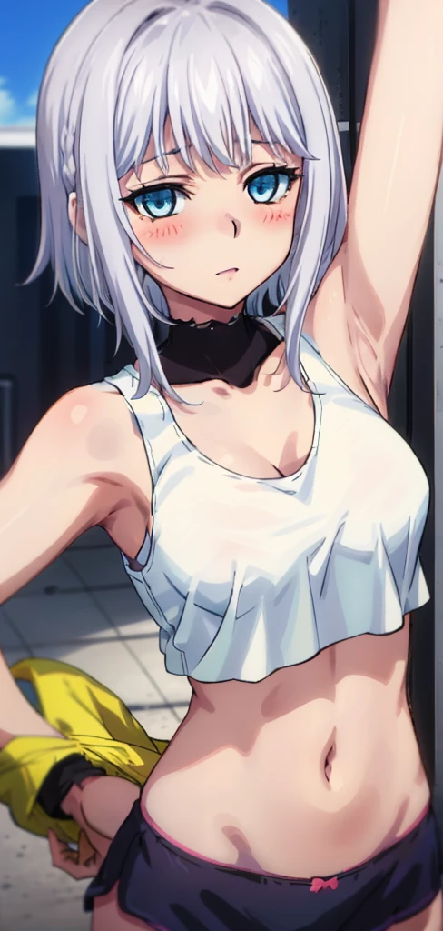 1 girl, kanon kanase,  , blush, medium breasts, sleeveless,((stylish outfit, cropped tank top, navel, panties)), Dynamic pose,  20-year-old, healthy skin. Upper_body. Silver hair. 