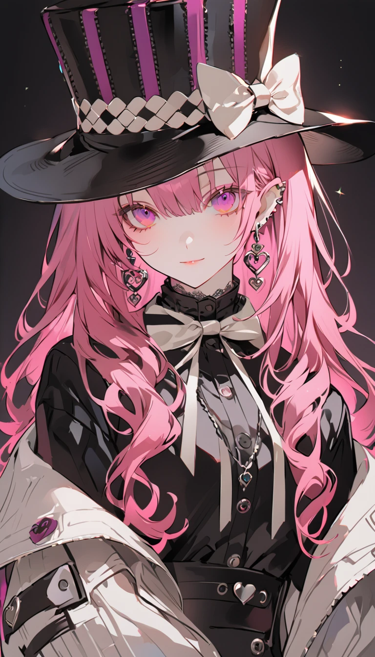 an anime style video game character with pink hair and black and white jacket, 1girl, solo, hat, long hair, top hat, heart, bow, earrings, bowtie, jewelry, black pants, looking at viewer, black bow, simple background, black headwear, shirt