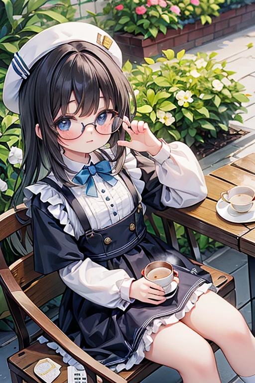 (8K, Highest quality, tableトップ:1.2)、Ultra-high resolution、, Perfect Fingers, Detailed face, black eye, Black Hair, Glasses, Long Hair, Blue Apron Dress, garden, flower bed, (table:1.5), tea , Tea cup, cake, Sit on a chair
