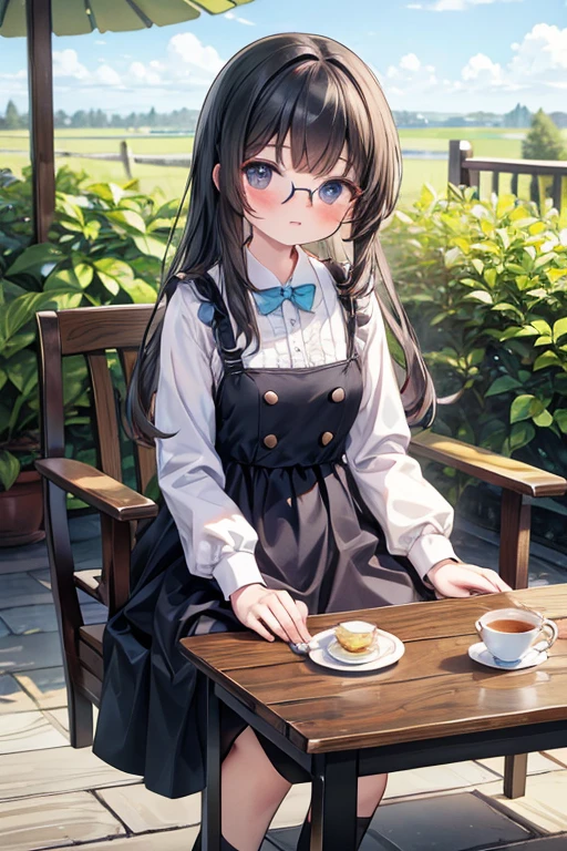 (8K, Highest quality, tableトップ:1.2)、Ultra-high resolution、, Perfect Fingers, Detailed face, black eye, Black Hair, Glasses, Long Hair, Blue Apron Dress, garden, flower bed, (table:1.5), tea , Tea cup, cake, Sit on a chair