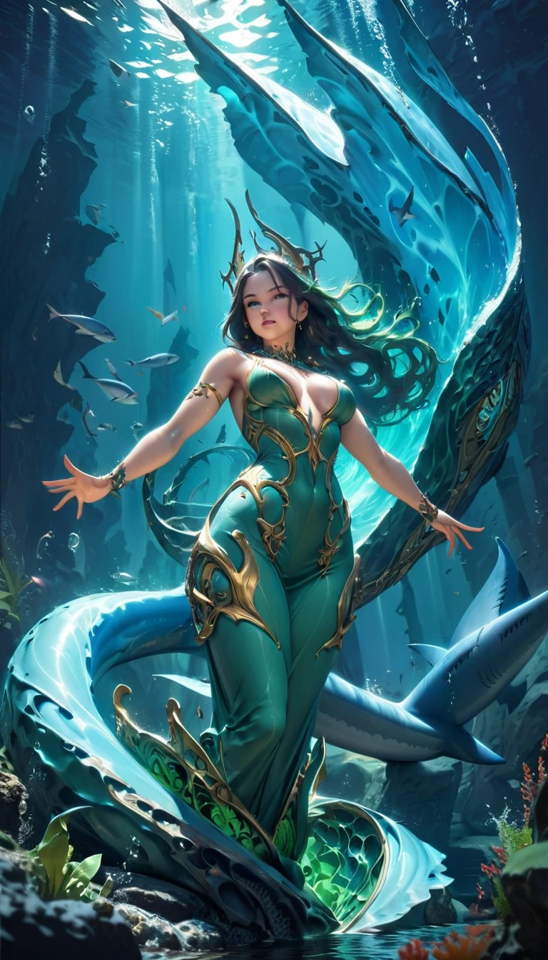 best quality,4k,8k, highres, masterpiece:1.2), ultra-detailed, extremely detailed eyes, extremely detailed body, the average Levianthar woman is a striking and formidable figure, standing tall at around 6 to 7 feet with a lean, muscular build that showcases her strength and agility. Her skin is smooth and slightly iridescent, with a bluish or grayish tint that shimmers under light, reflecting her aquatic heritage. She possesses long, flowing hair that ranges in color from deep seaweed green to midnight blue, often adorned with small, bioluminescent beads or shells. Her large, expressive eyes are adapted for both underwater and terrestrial vision, featuring hues of deep blue or emerald, green, and often possessing a subtle, ethereal glow. High cheekbones and slightly elongated ears add to her otherworldly beauty, while gill-like structures along her neck hint at her ability to thrive in the ocean depths. Her fingers and toes are slightly webbed, enhancing her swimming abilities, and a thick, powerful tail reminiscent of a shark's extends from her lower back, aiding in swift underwater movement. Her overall appearance exudes an aura of strength, grace, and mystery, embodying the unique blend of aquatic and humanoid features that define the Levianthar race, dynamic lighting, cinematic lighting, dramatic atmosphere, Atey Ghailan, Jeremy Mann, Greg Manchess, Antonio Moro, trend in ArtStation, trend in CGSociety, Intricate, High Detail, Sharp focus, dramatic and photorealistic painting art by Midjourney and Greg Rutkowski, Jeff Bridges, ((cartoon style)), Marvel Cinematic Universe style, tail, shark tail, fins, fish tail, shark fin,