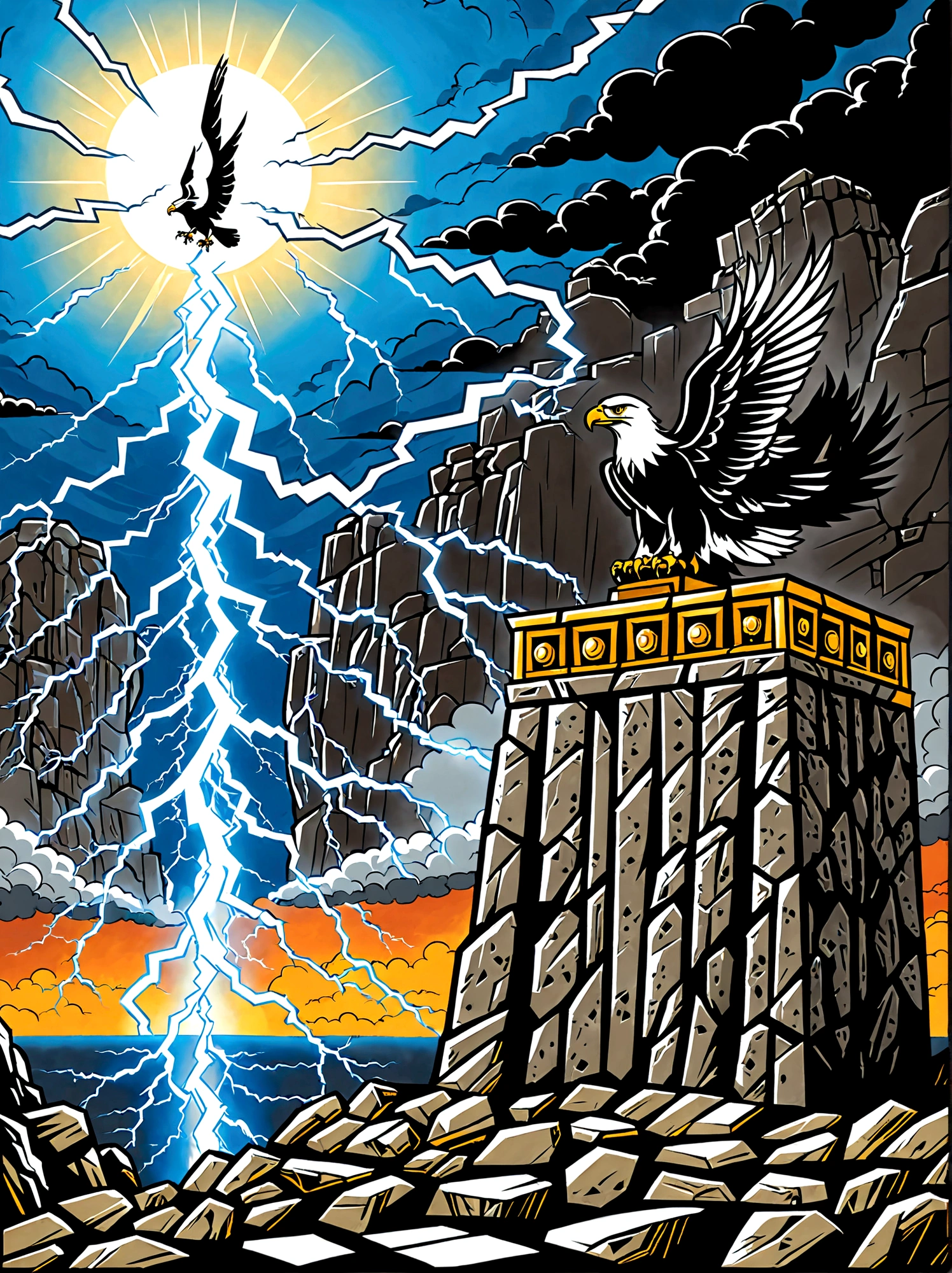 Illustrate a conceptual scene signifying power. Visualize an ancient stone throne, situated at the peak of a soaring cliff. The sky behind the throne anticipates an impending storm, and the wind forcefully sweeps the cliff, tossing loose rocks aside. An eagle, symbol of strength and majesty, soars above the throne. Lightning strikes in the distant horizon complete the scene. This scene symbolizes strength, leadership, and dominance, embodying the abstract concept of power