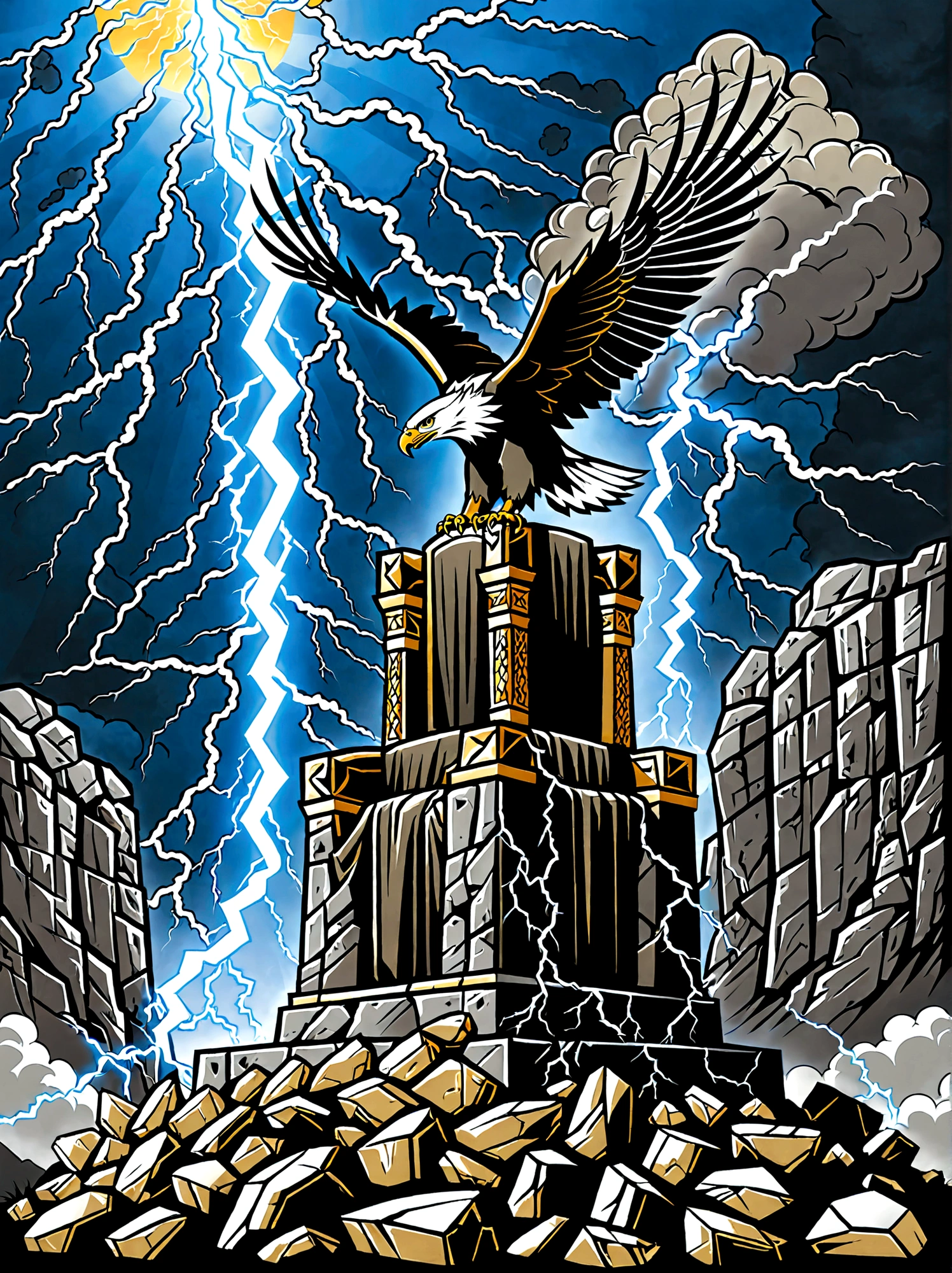 Illustrate a conceptual scene signifying power. Visualize an ancient stone throne, situated at the peak of a soaring cliff. The sky behind the throne anticipates an impending storm, and the wind forcefully sweeps the cliff, tossing loose rocks aside. An eagle, symbol of strength and majesty, soars above the throne. Lightning strikes in the distant horizon complete the scene. This scene symbolizes strength, leadership, and dominance, embodying the abstract concept of power