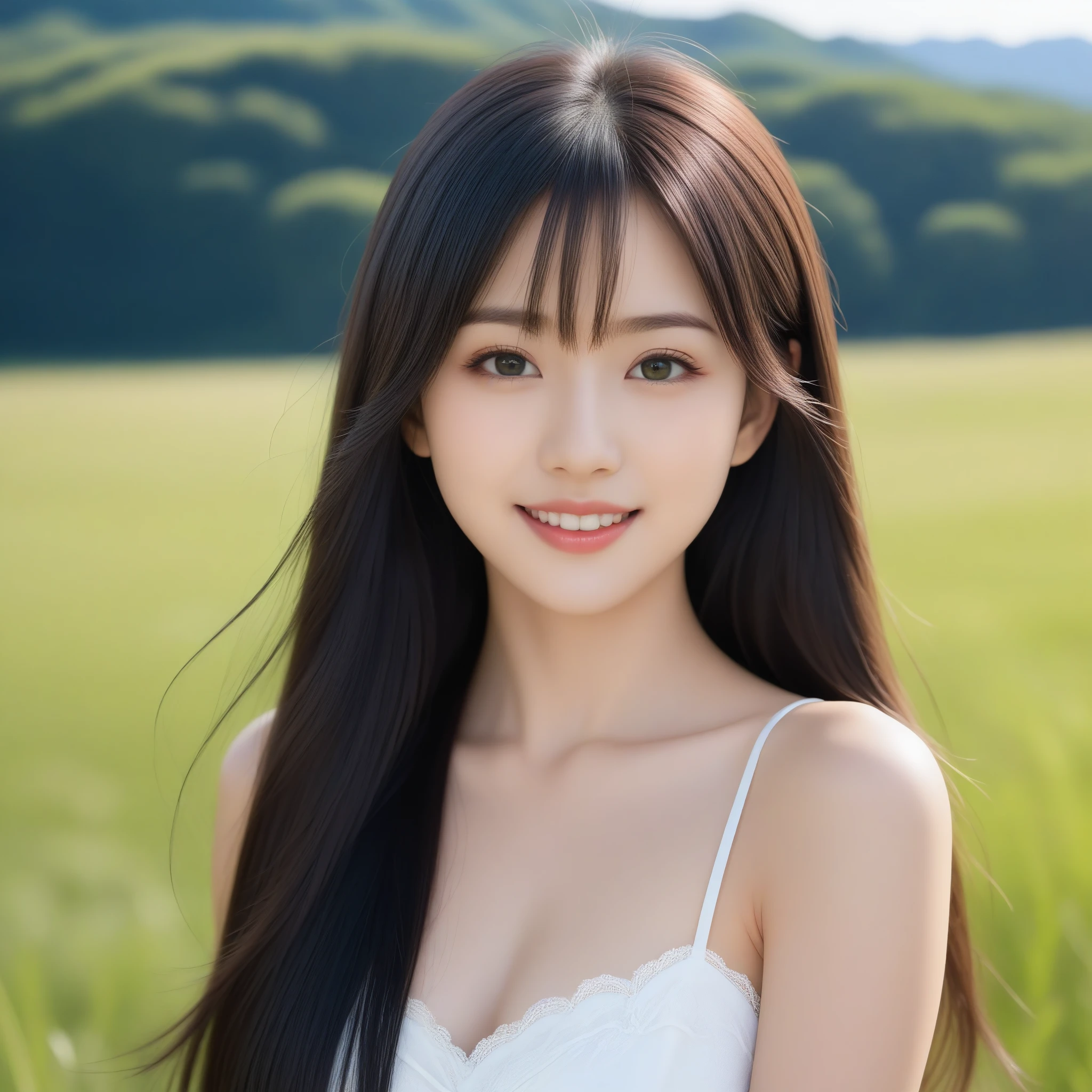8K, Ultra-high resolution, Highest quality, masterpiece, 三分割法によるphotograph,Surreal, photograph, 1 girl, (:1.3), pretty girl, Cute face, Beautiful eyes in every detail, 細かくdetailedに,masterpiece,, One Girl:1.2, Japan Female Announcer,whole body、Black Hair、well-groomed eyebrows、Cute Lip Makeup,Minimalist Travel,Lonely, Green grassland,空を見上げる1 girl, Minimalism, In the savannah, figure,最もdetailedな,Cute gestures、so beautiful,A carefree smile,Healing the heart,Long Straight Hair,Looking at the audience、beauty,Long neck、Laugh a little、Please close your mouth and laugh、(((Ideal body type))),A-cup small breasts :2,、Portraiture:2、Perfect Anatomy、鮮明なdetailed、detailed、Surreal、Light and shadow,Strong light