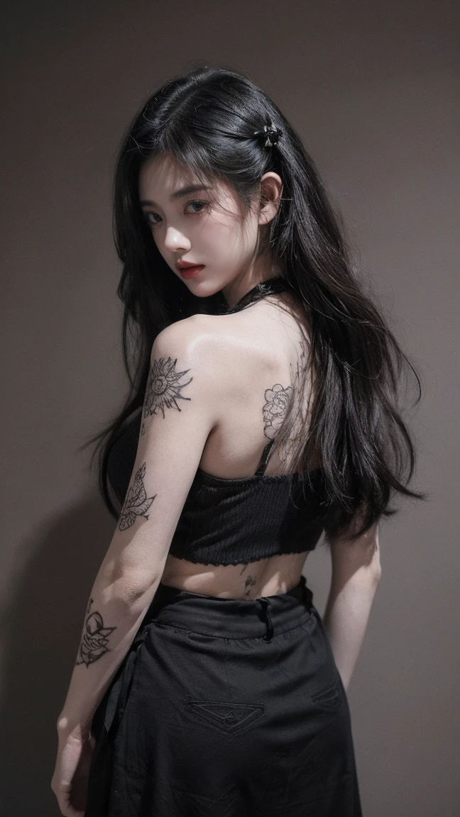 21yo girl,black hair,long hair,(intricate detailed and vibrant irezumi tattoo on back body),(tatto),(tatto on back body), wearing black t-shirt, black long skirt, natural big breast, show big thigh, plump body,single sidelock hairpin blush modern cinematic lighting,ray tracing,drop shadow wide shot UHD,textured skin,high details,(below 1.2),best quality 4K