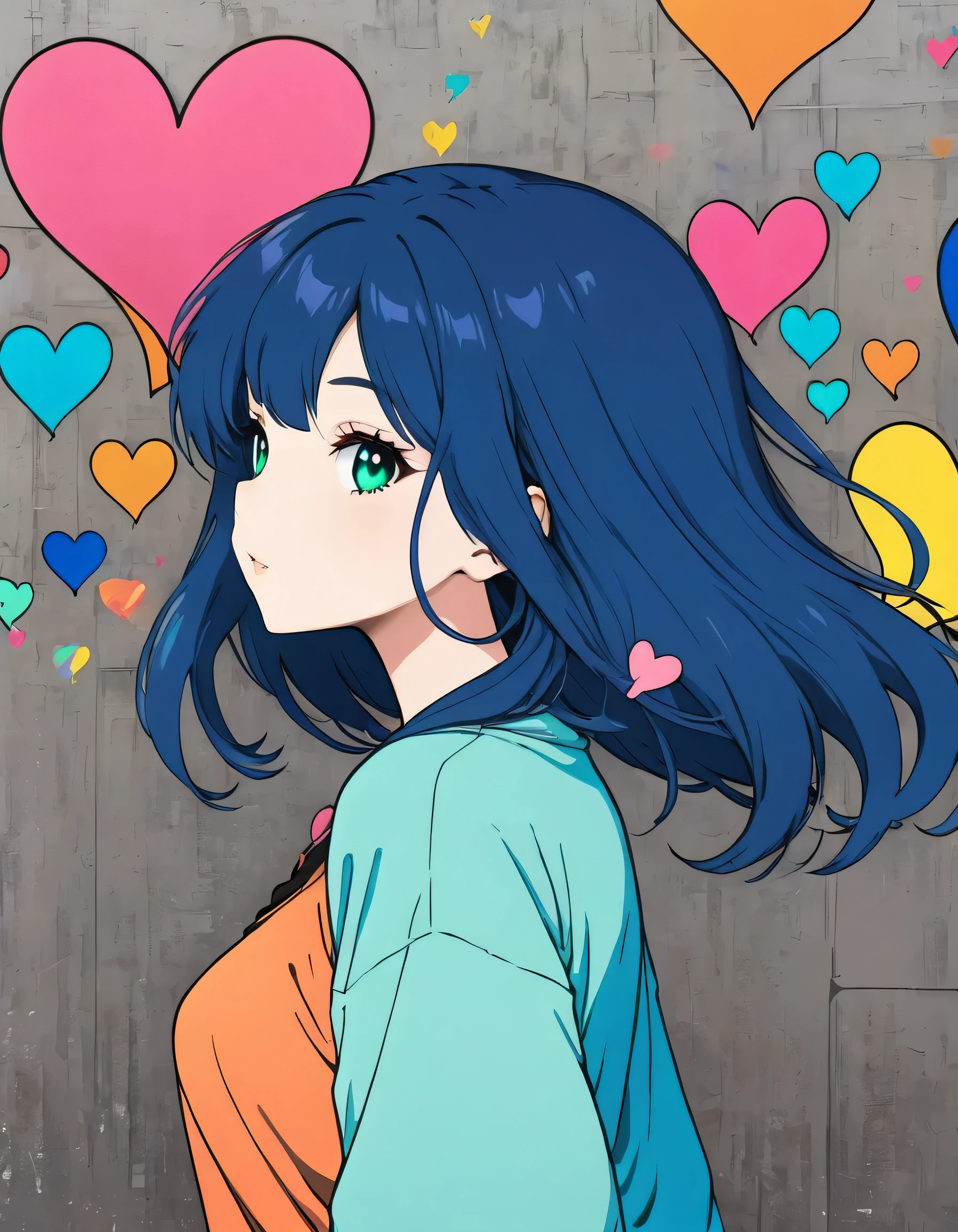 Mai Yoneyama style, Simple Line Initialism,Abstract art,Urban Background, colorful hearts ,(((The most beautiful girl of all time))),