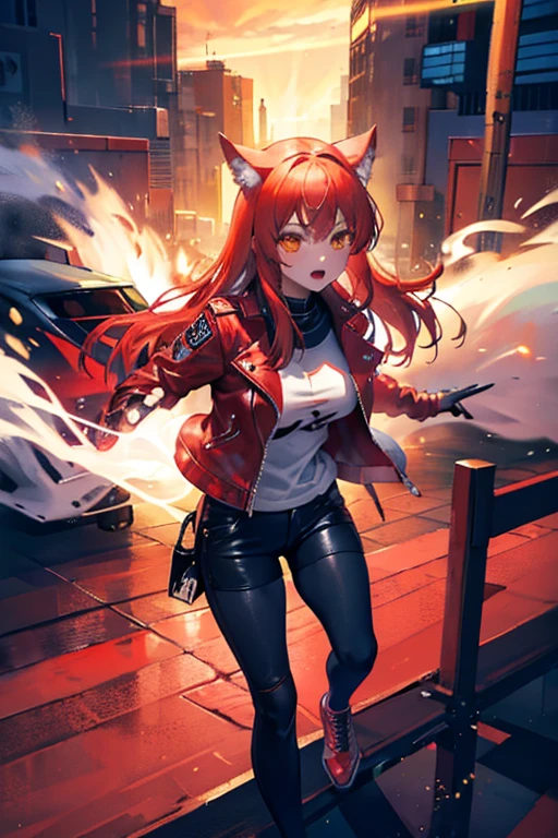 Wolf Girl,Put on a leather jacket,The red jacket is not closed,Wolf logo on jacket,Slit eyes,cool,whole body,What you wear doesn't stick to your skin