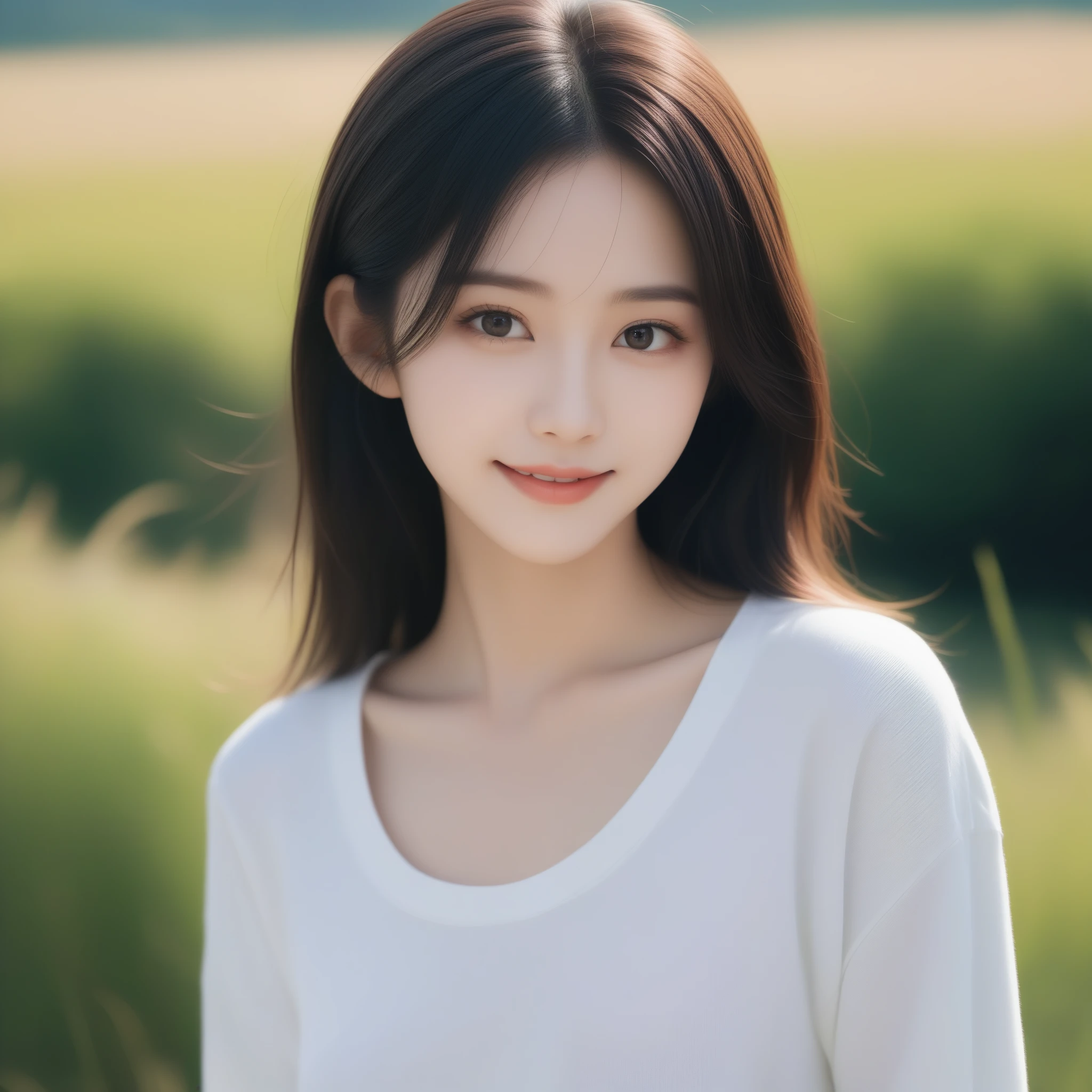8K, Ultra-high resolution, Highest quality, masterpiece, 三分割法によるphotograph,Surreal, photograph, 1 girl, (16 years old:1.3), pretty girl, Cute face, Beautiful eyes in every detail, 細かくdetailedに,masterpiece,, One Girl:1.2, Japan Female Announcer,whole body、Black Hair、well-groomed eyebrows、Cute Lip Makeup,Minimalist Travel,Lonely, Green grassland,空を見上げる1 girl, Minimalism, In the savannah, figure,最もdetailedな,Cute gestures、so beautiful,A carefree smile,Healing the heart,Long Straight Hair,Looking at the audience、beauty,Long neck、Laugh a little、Please close your mouth and laugh、(((Ideal body type))),A-cup small breasts :2,、Portraiture:2、Perfect Anatomy、鮮明なdetailed、detailed、Surreal、Light and shadow,Strong light