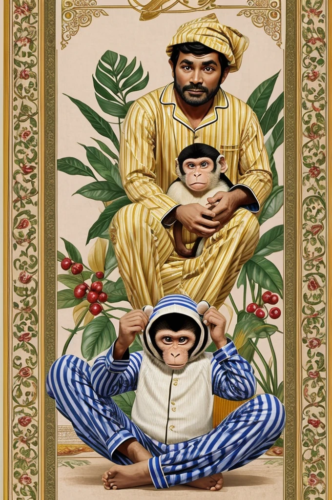 To generate images for the sequence of "Bandar Mama Pahan Pajama," you would typically want to create visuals that depict the following elements from the rhyme:
1. Bandar Mama: A monkey character, possibly dressed in pajamas (pajamas can be depicted with striped or plain fabric).