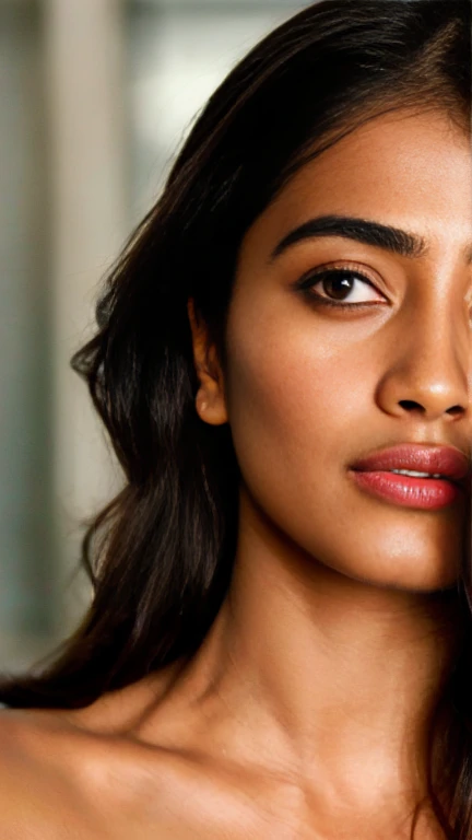 extreme close up photo of semi naked Pooja hegde,slim, bikini, bedroom, (cinematic:1.3), intricate details, (ArtStation:1.2),((thin eyebrows)), cool atmoshpere,cold room