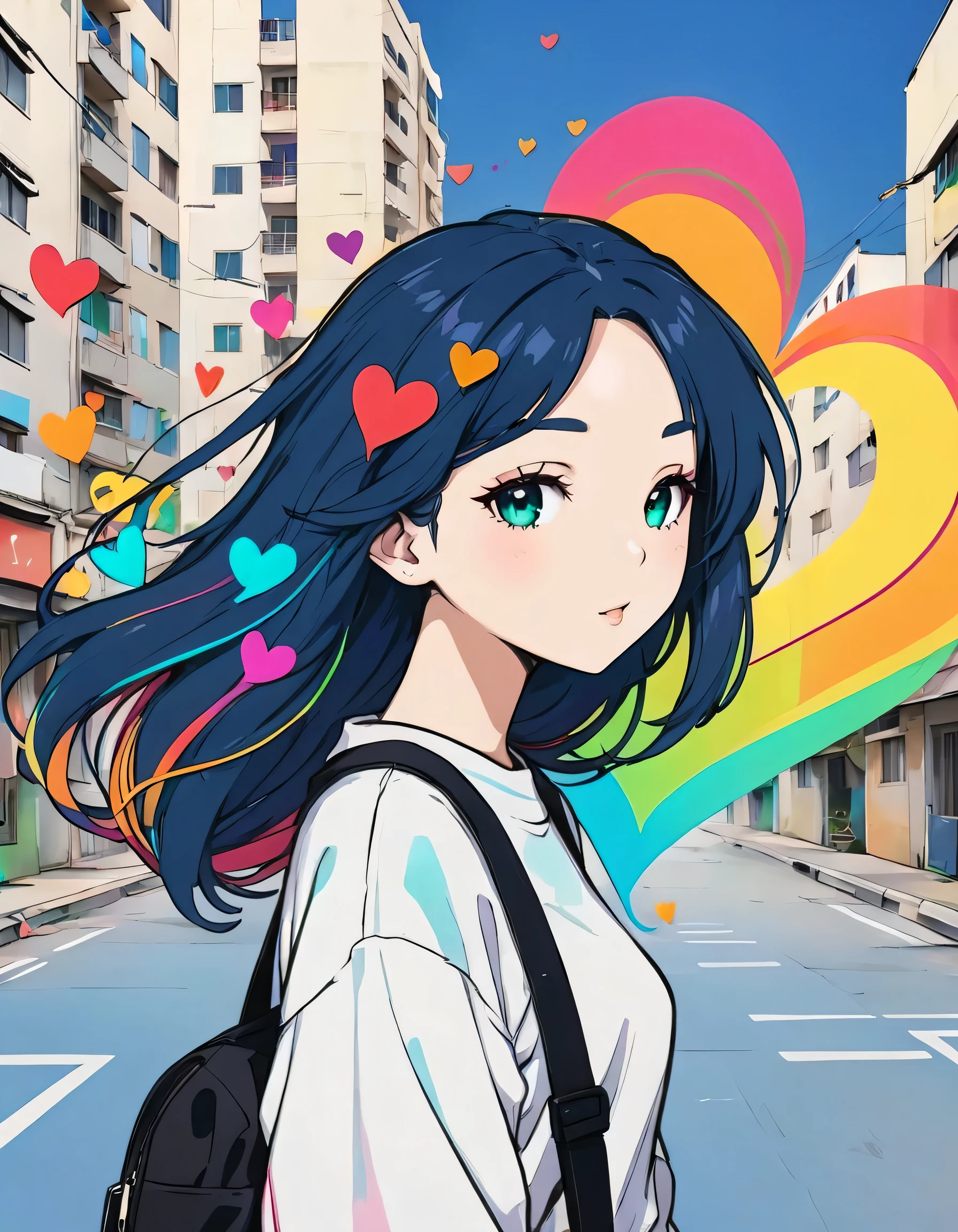 Mai Yoneyama style, Simple Line Initialism，Abstract art，Urban Background, colorful hearts ,(((The most beautiful girl of all time))),