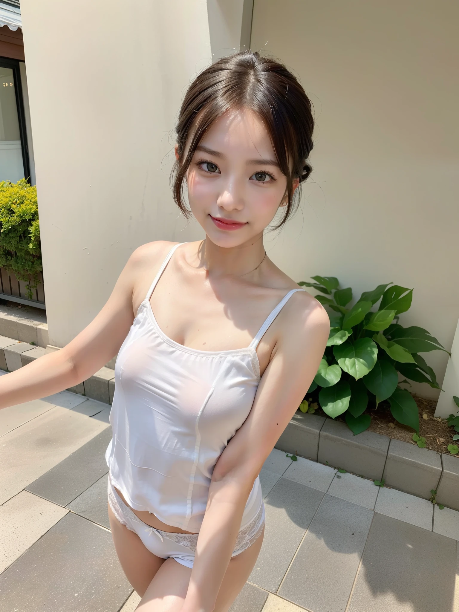 ((Best of the highest quality, 8k, Masterpiece, raw photo: 1.2)), (Sharp focus: 1.2), (1 AESPA, slim body type female, 21 y/o: 1.1), (Solo: 1.1), (realistic, photo-realistic:1.37), face focus, cute face, finely eyes, (droopy eyes: 1.32), (Emphasize prominent aegyo-sal with bright: 1.2), shimmering eyeshadow applied under the lower lash line, paired with thick, (small breasts, flat chest, Thigh: 1.3), (short hair, updo: 1.28), (neat silk camisole, panties: 1.32), walking terrace dining, flower, (from below: 1.12)