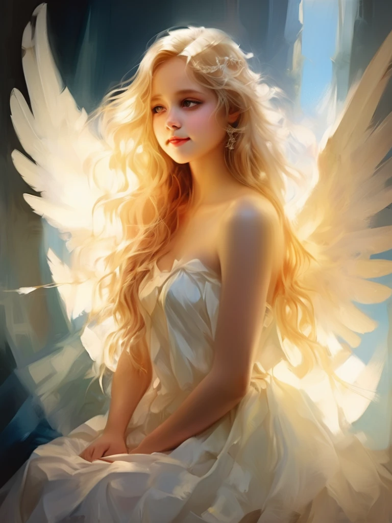 1 Angel Girl, Facing forward、Wings on your back、Blonde, Long Hair, alone、smile、magic, Strapless White Dress、Hopeful Face、