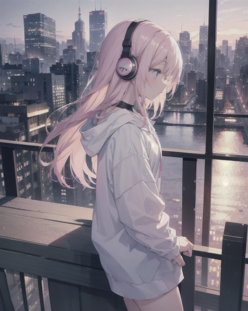 A young girl on a high-rise balcony, leaning on the railing and gazing at the night cityscape. She is listening to music with white headphones, wearing a white tank top and an open pink hoodie. The scene is viewed from the side, showing the girl's profile. The night cityscape is beautifully lit, viewed from a slightly elevated angle. The overall style is anime-inspired, with an elegant and calm atmosphere, perfect for a relaxing lofi music video.