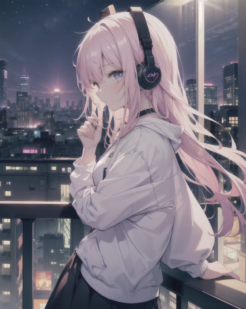 A young girl on a high-rise balcony, leaning on the railing and gazing at the night cityscape. She is listening to music with white headphones, wearing a white tank top and an open pink hoodie. The scene is viewed from the side, showing the girl's profile. The night cityscape is beautifully lit, viewed from a slightly elevated angle. The overall style is anime-inspired, with an elegant and calm atmosphere, perfect for a relaxing lofi music video.
