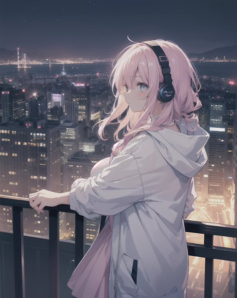 A young girl on a high-rise balcony, leaning on the railing and gazing at the night cityscape. She is listening to music with white headphones, wearing a white tank top and an open pink hoodie. The scene is viewed from the side, showing the girl's profile. The night cityscape is beautifully lit, viewed from a slightly elevated angle. The overall style is anime-inspired, with an elegant and calm atmosphere, perfect for a relaxing lofi music video.
