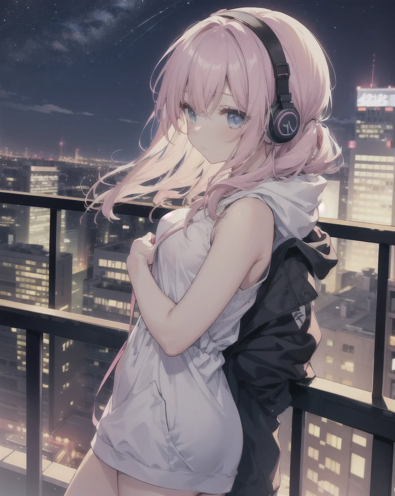 A young girl on a high-rise balcony, leaning on the railing and gazing at the night cityscape. She is listening to music with white headphones, wearing a white tank top and an open pink hoodie. The scene is viewed from the side, showing the girl's profile. The night cityscape is beautifully lit, viewed from a slightly elevated angle. The overall style is anime-inspired, with an elegant and calm atmosphere, perfect for a relaxing lofi music video.
