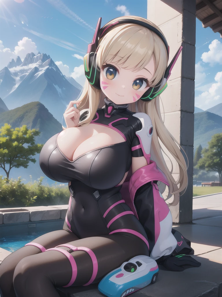 master-piece, bestquality, 1girls,, View viewers from front, sit, HD, slight smile, big tits, cleavage, tights cloth, bodysuit, tiny body, outdoor, mountain, headphones, whisker markings