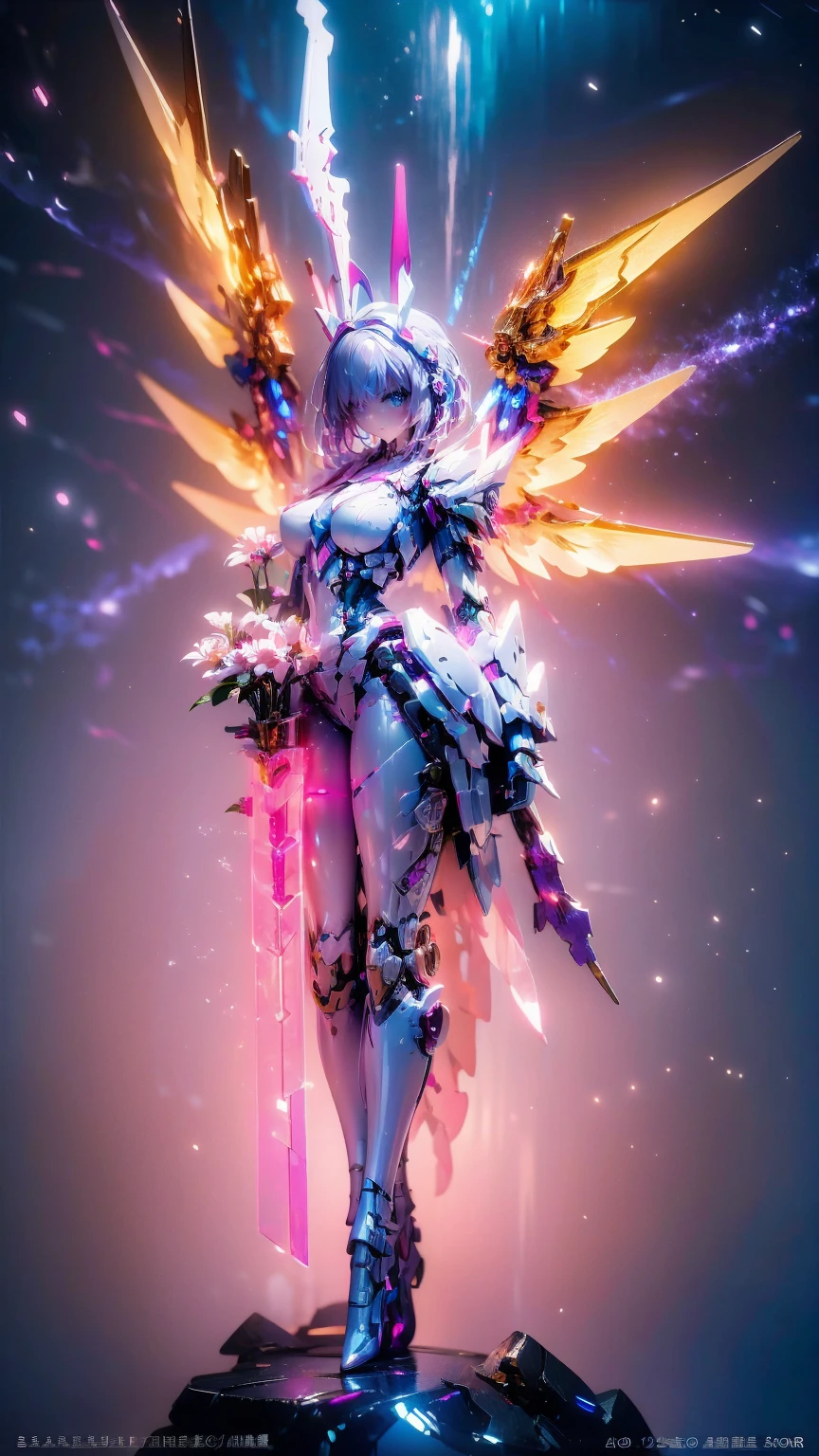 Real、high resolution、8K、The Strike Freedom Gundam stands in space emitting pink light particles.、Particles of light surround the aircraft、Facing the camera、