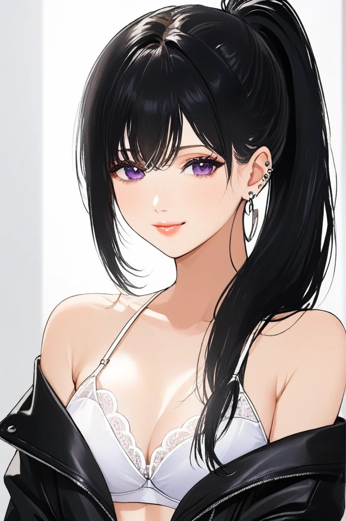 manhwa-artstyle, 1girl, solo, long hair, looking at viewer, smile, black hair, bare shoulders, purple eyes, upper body, white bra ,black jacket, leather pant,Perfect Hands, ponytail, lips piercing,ear piercing , tattoo,