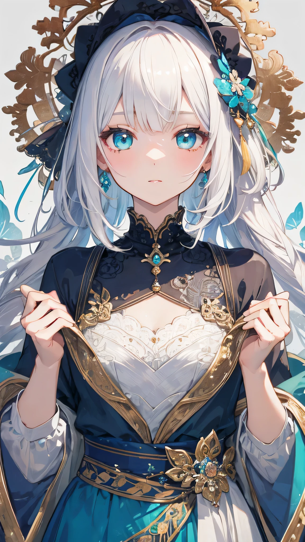 (,high resolution,Extremely detailed),1 Girl,Become a,White hair,长White hair,By Bangs,Turquoise eyes,Turquoise evening dress,Long sleeve,Delicate eyes and delicate face,intricate details,BREAK mosaic art,nub,Colored inlays、Complex patterns、Tile Design、Durable surface、BREAK Macro photography technology、Close-up、Intricate details、Enlarged texture、Amazing clarity、Hidden beauty、Immersive perspective breakthrough 、Create by hand、Handmade products、unique design、Intricate details、Creative Expression、Exquisite craftsmanship