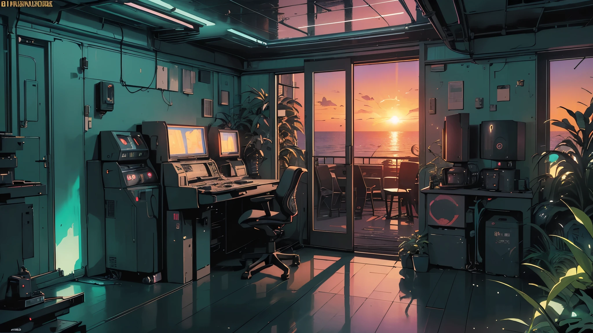 cyberpunk style cluttered room, many machines of unknown use,very wide white background, extreme quality, masterpiece, 8k, depth of field, intricate details, (((unattended))), very large margins, lots of text, corporate logo, space, movie poster, (((many machines of unknown use, building with sea view))), (((all covered with plants)))), nostalgia, (((sunset))),long shot, backlight, (((dull color))), (((black color))),broken door, (((Night))), (((future interior)))(best quality, 4k, highres, masterpiece:1.2), ultra-detailed, realistic:1.37, cyberpunk style cluttered room, more neon, many machines of unknown use, large windows with a sense of openness, sunny outside,