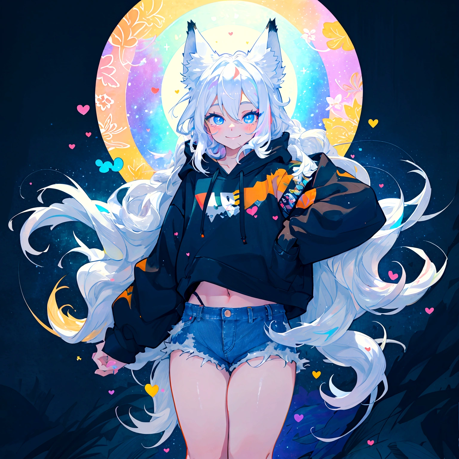 a cute adult male with wolf ears, long white hair, long locks, has a wolf tail, wearing a loose cropped black hoodie, wearing a pair of denim short shorts and fishnet stockings, thick thighs, wide hips, short, very slim, showing slender tummy, heart on hoodie, squishy thighs, has glowing blue eyes. alone, solo (ALONE)(SOLO), surrounded by rainbows, colorful galaxy backround, smiling, ontop of a pile of fluffy plushes, plushies everywhere, kawaii plushies, surrounded by bubbles, surrounded by rainbow leaves, standing up dancing, thicc thighs