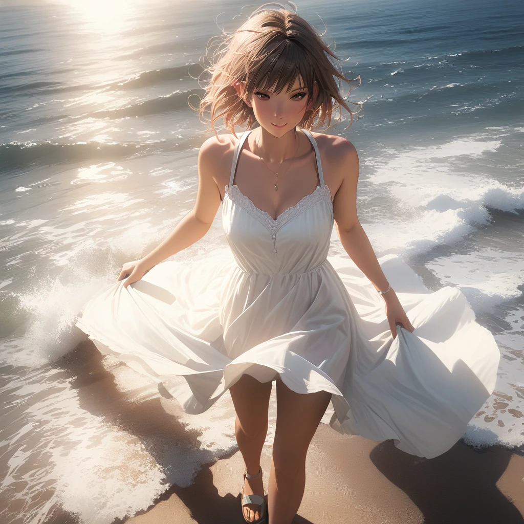 (best quality, 8k, masterpiece, highres, ultra-detailed), photorealistic, Tsukasa Hojo style, woman, white sundress, sandals, walking on beach, captivating smile, delicate features, soft shadows, breezy look, sensual expression, subtle details, realistic skin, minimalist background, warm sunlight, gentle sea breeze.