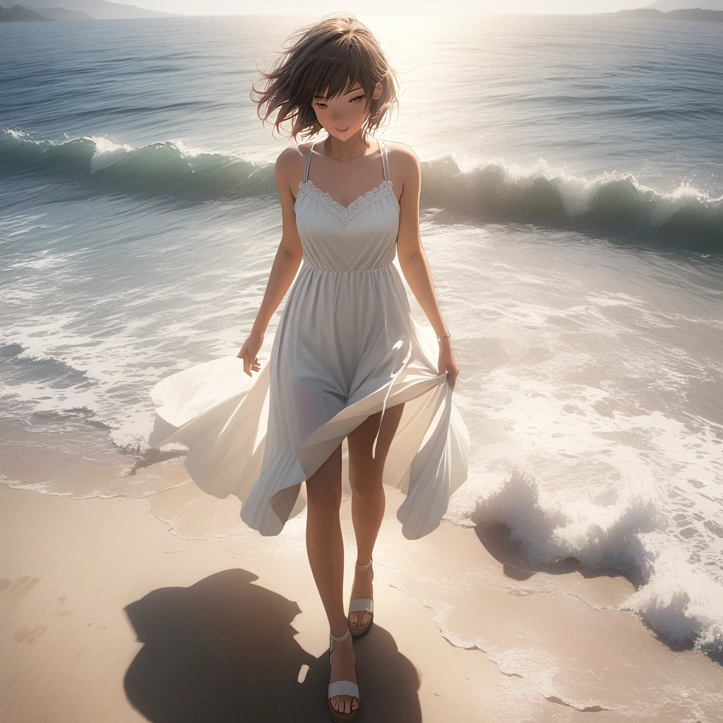 (best quality, 8k, masterpiece, highres, ultra-detailed), photorealistic, Tsukasa Hojo style, woman, white sundress, sandals, walking on beach, captivating smile, delicate features, soft shadows, breezy look, sensual expression, subtle details, realistic skin, minimalist background, warm sunlight, gentle sea breeze.