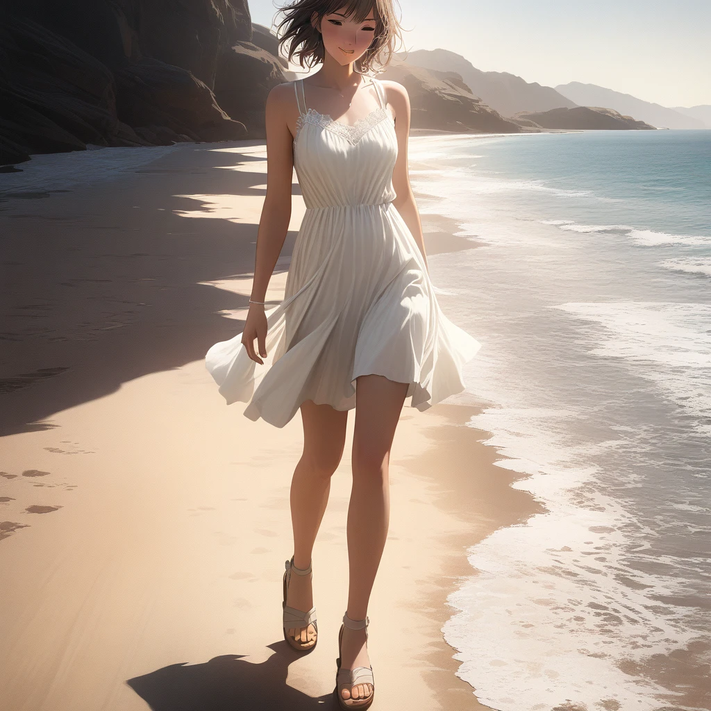 (best quality, 8k, masterpiece, highres, ultra-detailed), photorealistic, Tsukasa Hojo style, woman, white sundress, sandals, walking on beach, captivating smile, delicate features, soft shadows, breezy look, sensual expression, subtle details, realistic skin, minimalist background, warm sunlight, gentle sea breeze.